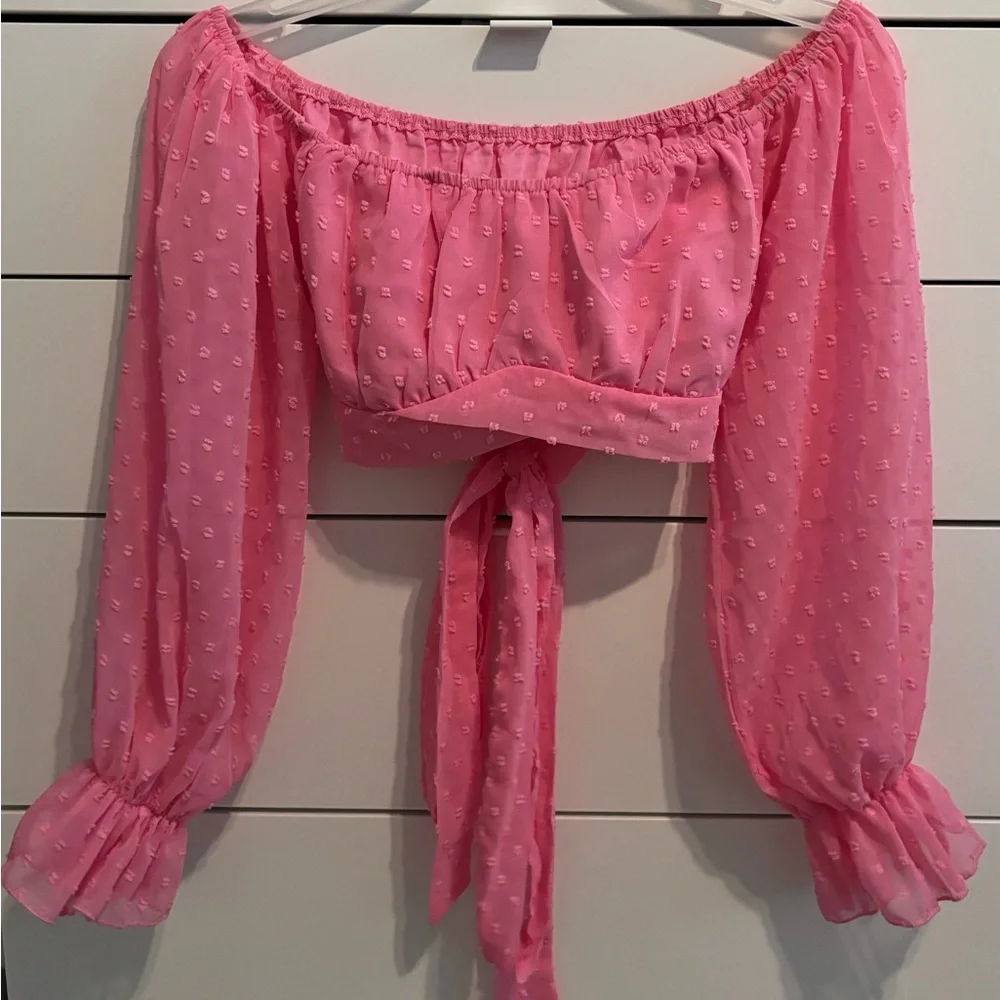SHEIN Privé Pink Swiss Dot Off-the-Shoulder Crop Top - Size Small - Picture 2 of 4